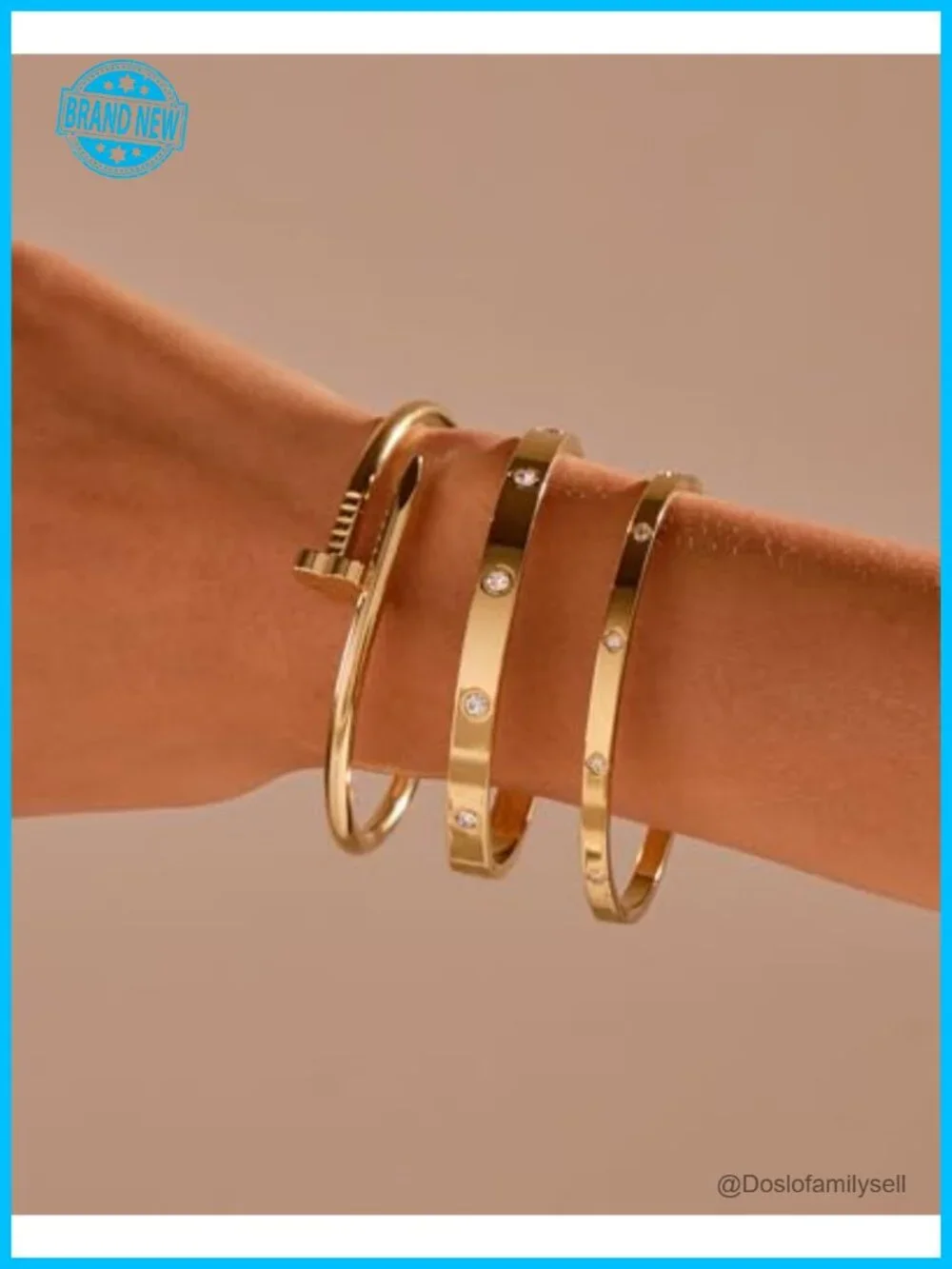 Stackable Love Nail Bangle Bracelet Set 18K Gold Plated Stainless Steel